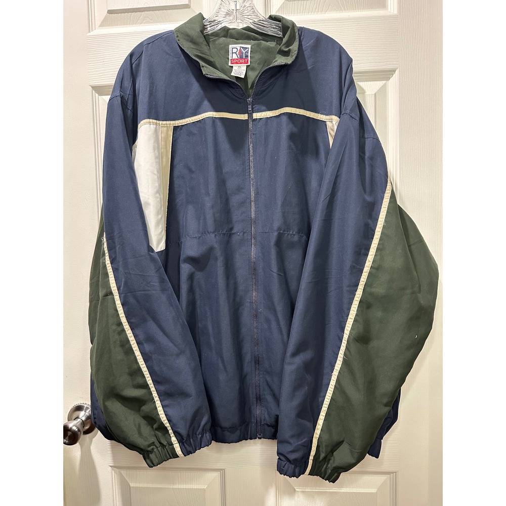 Vintage RY Sport‎ Men's Track Jacket Navy Green Cream Color Block Zip Up XXL